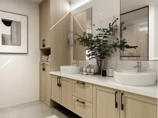 Bathroom-Remodel-Services-light-wood-cabinets-with-grey-floor-tiles Corpus Christi